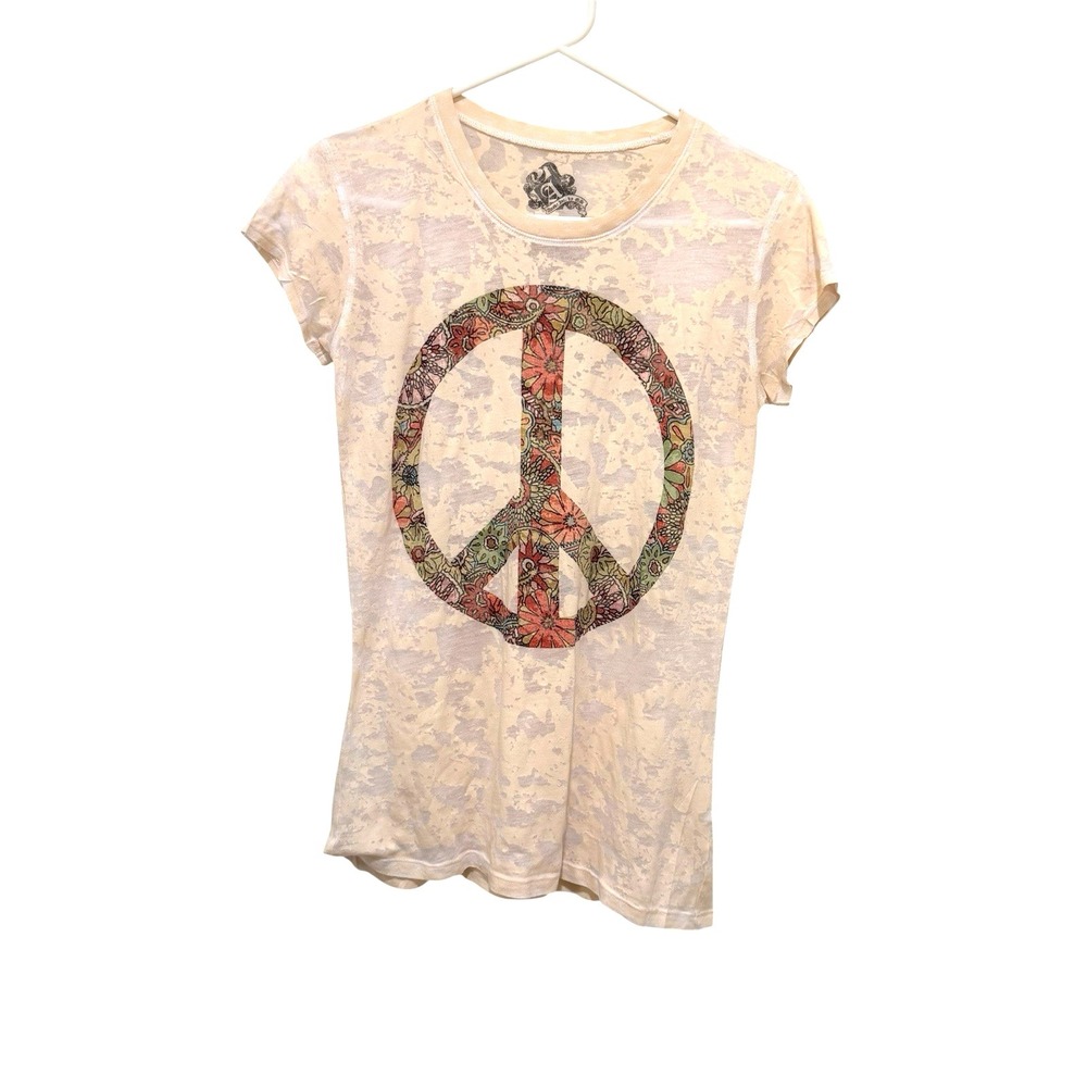 Peace Sign Hippie Boho Y2K  Burn Out T Shirt Cream Multi Cap Sleeve Women's XL